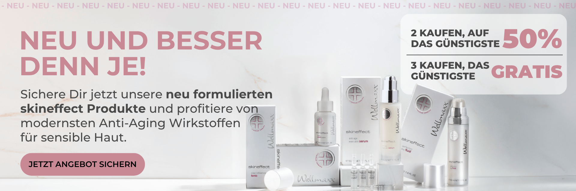 Augustangebot - Beim Kauf von 2 skineffect Produkten 50% Rabatt auf eins, beim kauf von 3 Produkten, das günstigste gratis